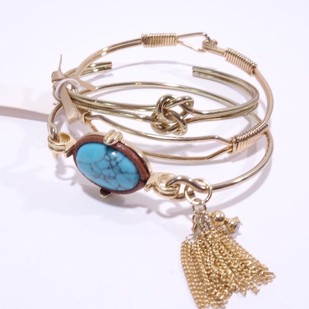 NWT Lee Angel  Three Gold Bracelet with Tassel and Turq Stone Bangle Set 3 115.0